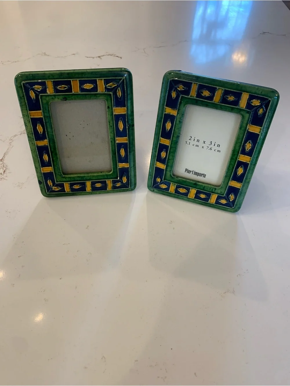 Pier 1 Ceramic Tile Frames 2” x 3” Set Of 2, Green, Blue Diamond Pattern flaw.